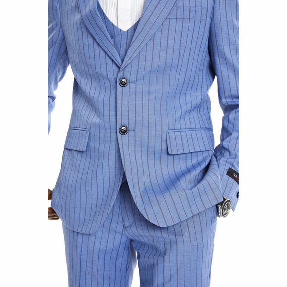 Men's Pinstripe 3-Piece Suit w/ Double Breasted Vest, Smokey Blue - Picture 5 of 9